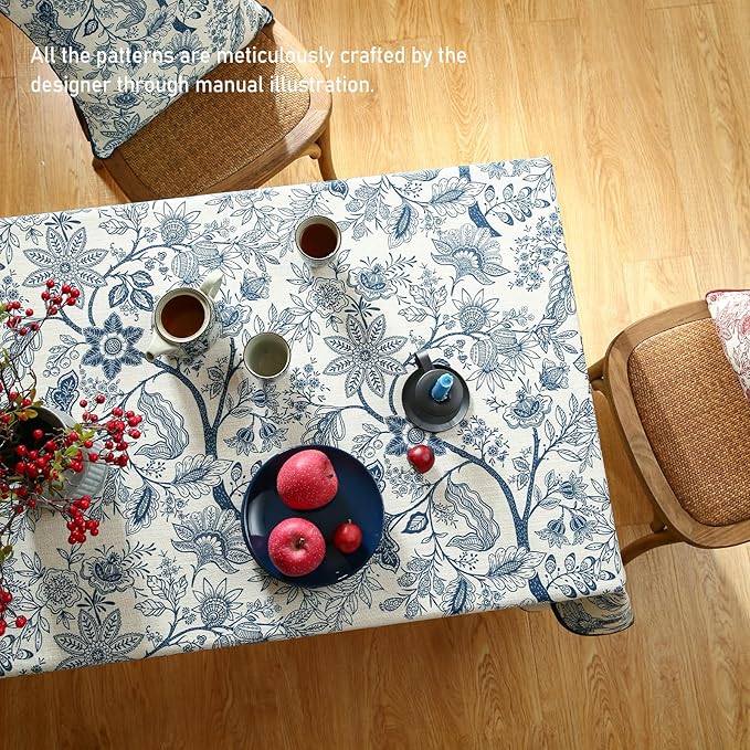 ISAENNE Designer French Linen Square Tablecloth,Blue Floral Washable Indoor Table Cloth,Durable Home Decor Tablecloths for Dining Thanksgiving Kitchen Tea Party Christmas,67"*67"-Ruyi B