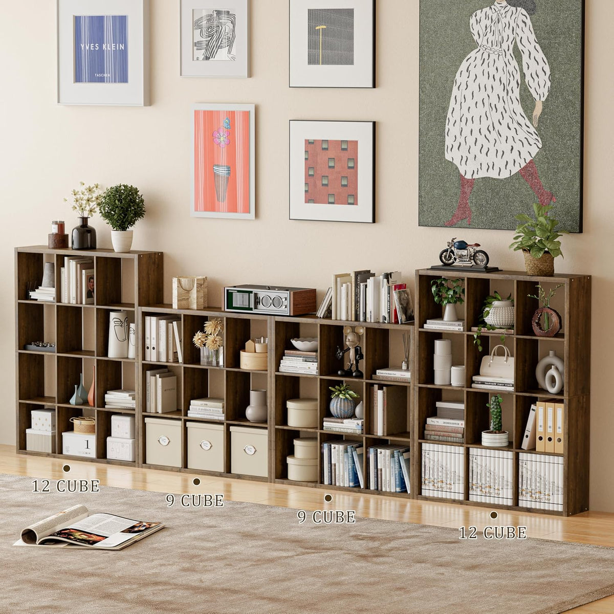 Cube Storage Organizer Bookcase, Decorative 11 inch Open Back Cubical Shelf with Thickened Border, Display Bookshelf for Living Room, Home Office, Sturdy Room (Brown, 9 Cube)