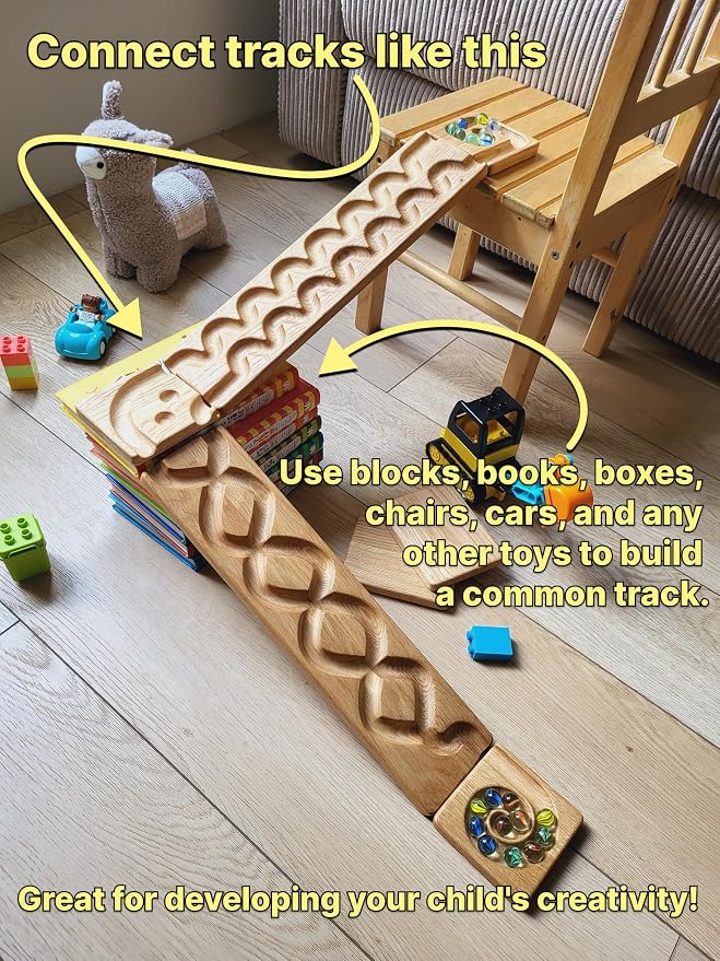 Wooden Marble Run Track Set of 2 Montessori STEM Toy for Kids Race Machine & Maze Board Educational Wooden Roller Track Game – Wind & Whirlpool Run Gift for Children