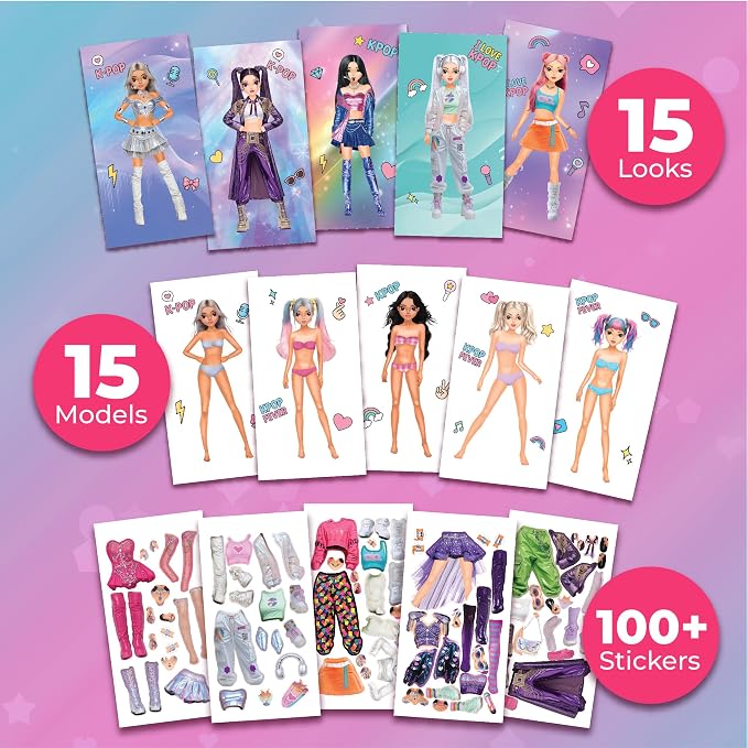 BSCOOL K-Pop Sticker Dress Up Activity Book 2-Pack for Girls Ages 5+ – 200+ Removable Stickers – K-Pop Fashion Paper Doll Books – Creative Birthday Gift for Kids