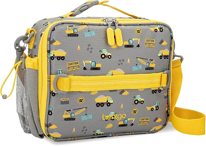 Bentgo Kids Lunch Bag - Durable, Double-Insulated Lunch Bag for Kids 3+; Holds Lunch Box, Water Bottle, & Snacks; Easy-Clean Water-Resistant Fabric & Multiple Zippered Pockets (Construction Trucks)