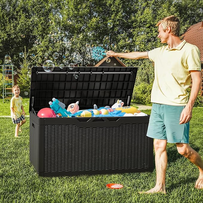 Greesum 100 Gallon Resin Deck Box Large Outdoor Storage with Cushions for Patio Furniture, Garden Tools, Pool Supplies, Weatherproof and UV Resistant, Lockable, Black