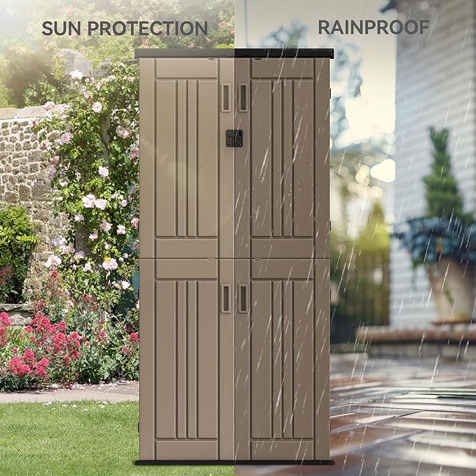 YITAHOME Outdoor Tall Storage Cabinet with 4 Shelves, Waterproof Resin Vertical Tool Shed, Lockable 30 cu. ft. Storage Shed for Patio, Garden, Yard, Brown