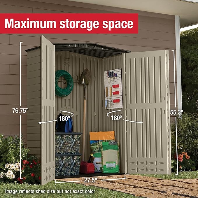 Rubbermaid Small Vertical Resin Outdoor Storage Shed With Floor (2.3 x 4.6 Ft), Weather Resistant, Beige/Brown, Organization for Home/Backyard/Pool Chemicals/Toys/Garden Tools/Porch/Patio Cushions