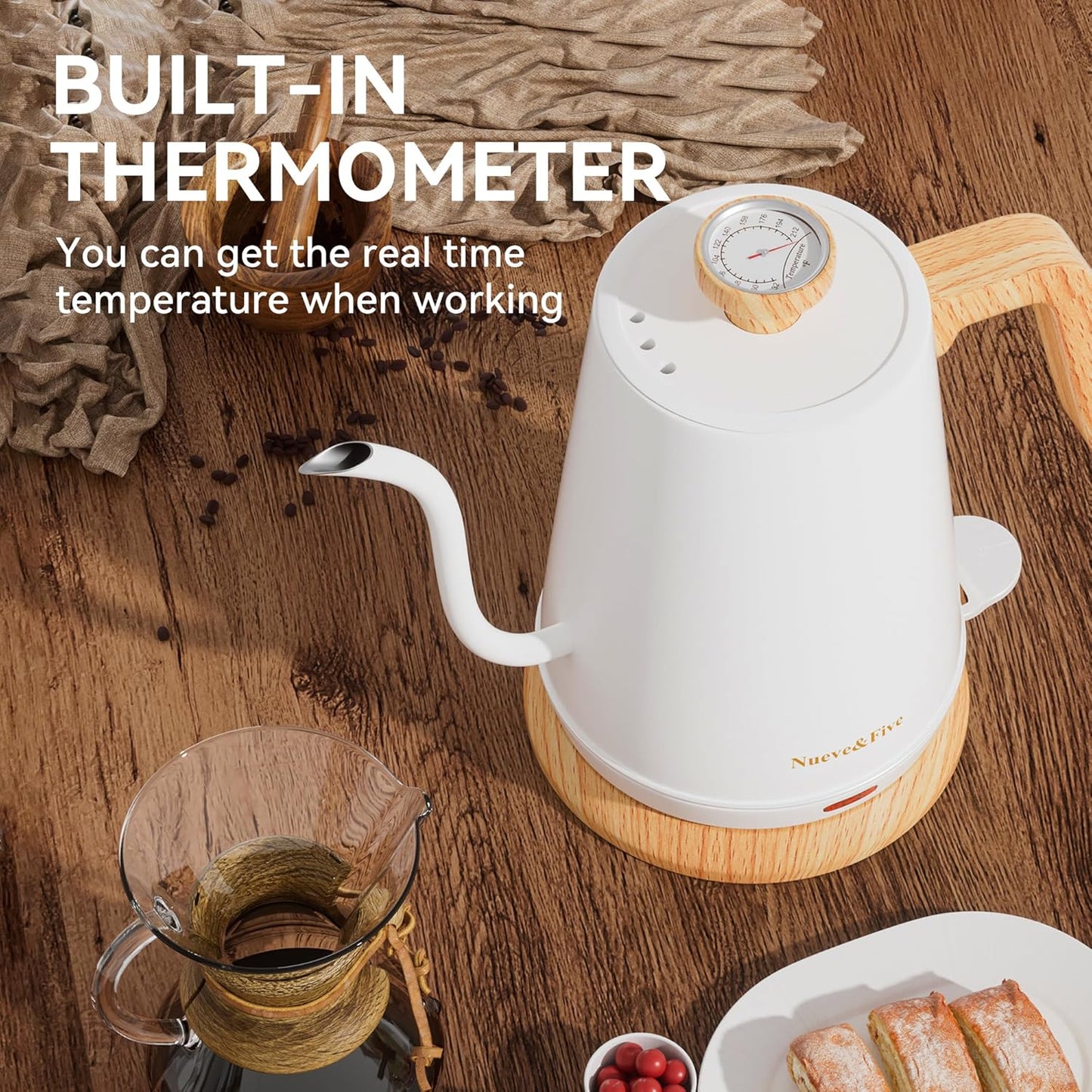 Nueve&Five Gooseneck Electric Kettle with Thermometer,Electric Tea Kettle 1L with Auto Shut-Off,1000W Hot Water Kettle of Stainless Steel for Coffee & Tea -White