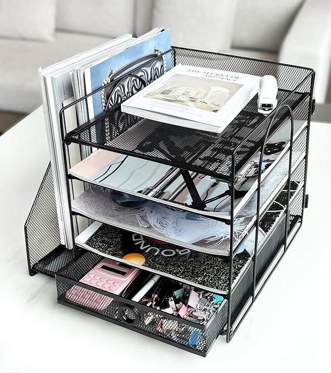 5-Tier Paper Letter Organizer with File Holder, Desk Organizer with Drawer, Mesh Desktop Storage with Magazine Holder for Office Supplies (Black)
