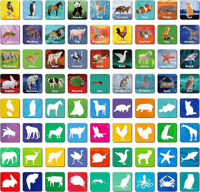 Hebayy 108 PCS Memory Matching Game, 72 Animal Cards & 36 Shadow Cards Matching Cards 36 Pairs Real Animal for Toddlers, Preschool, Kids 4 5 6 Years Old (2” x 2”)