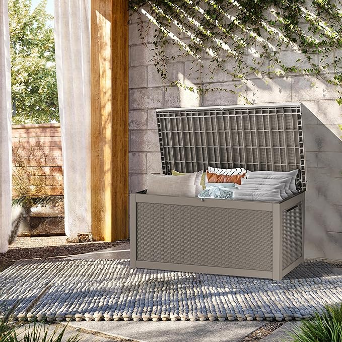 TARKARI 320 Gallon Lockable Resin Deck Box, Waterproof & UV-Resistant Outdoor Storage Box for Outdoor Cushion Storage, Garden Tools & Pool Accessories Storage, Gray