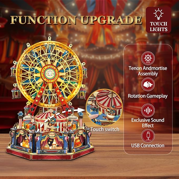 DIY 3D Wooden Puzzle Ferris Wheel Music Box Kit with LED,Rotating Mechanical Model Building Kit,Birthday for Family Friends - Century Ferris Wheel(SQ-69)