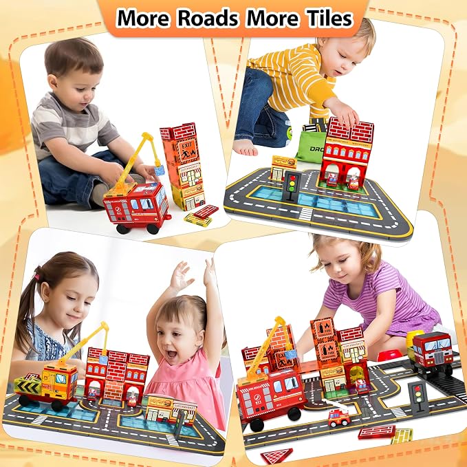 Drofex Magnetic Tiles Road Set with Fire Truck Magnetic Crane, Creative Construction Toys for Kids Ages 3-12, Boys & Girls, Fire Rescue Station and Engineering Themed Magnetic Building Blocks