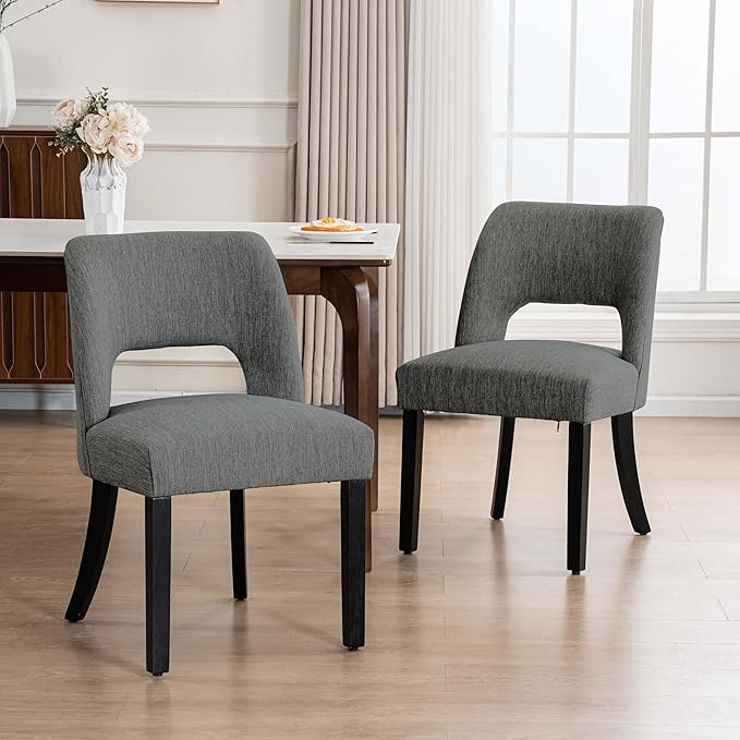 VKNOW Wooden Dining Chairs Set of 2, Modern Fabric Upholstered Dining Room Chair Kitchen Chairs, Farmhouse Dinner Chair for Kitchen Dining Room, Dark Grey-Black Legs