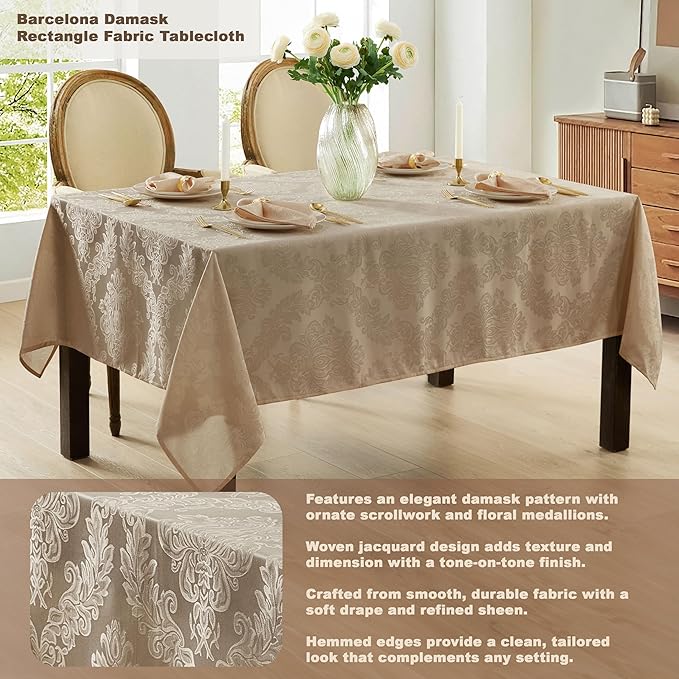 Newbridge Barcelona Luxury Damask Fabric Tablecloth, 60” Wide x 120” Rectangle, Golden Beige, 100% Polyester, No Iron, Soil Resistant Dining Room, Party and Banquet Table Cover