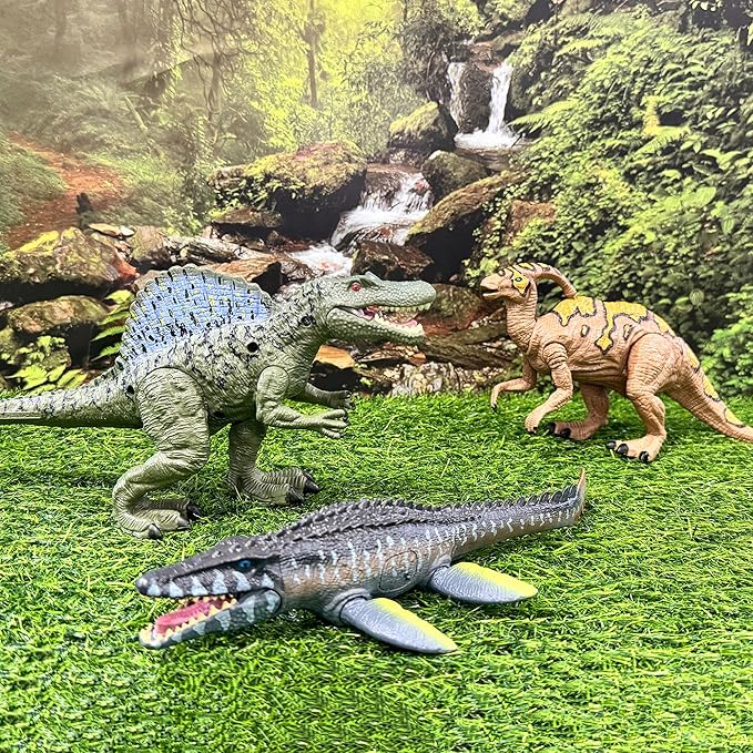 EKU Dinosaur Toys Chomp Action Mosasaurus Spinosaurus Toy, Movable Head Attack Motion Parasaurolophus Realistic Dino Action Figures for Kids Jurassic World Toys Ages 3-12 Boys Girls