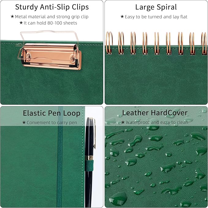 Ospelelf Leather Clipboard Folio with Notepad for Letter Size, Spiral Clipboard Folder with Storage Zipper Pouch, 5 Folders with 10 Pockets, 39 Divider Label Stickers, Pen Loop Series (Green)