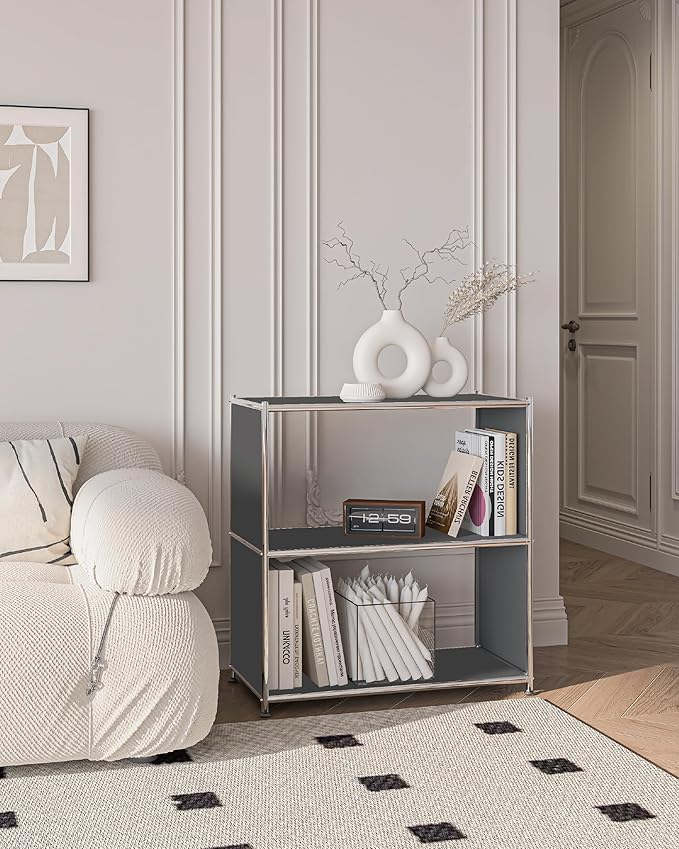 32-Inch 2-Tier Metal Bookcase, Open Shelf Storage Organizer for Living Room, Bedroom, Side Table or Nightstand Use, Modern DIY Assembly, Grey
