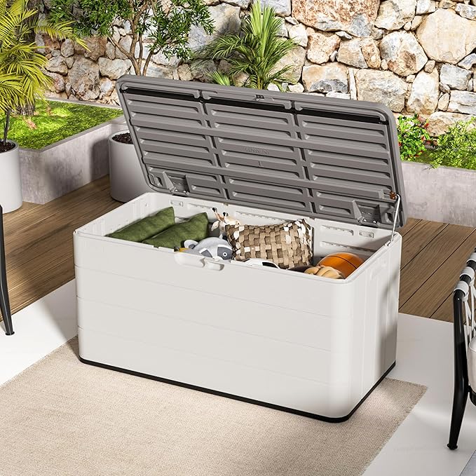 Outdoor Storage Deck Box Waterproof, 100 Gal Pro Large Lockable Patio Storage Bin Chest, Resin Outside Container Seat Bench for Furniture Cushions, Pool Accessories, Garden Tools & Delivery, White