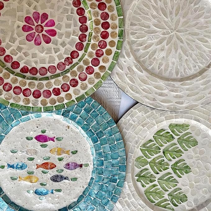 13 Inch Mother of Pearl Shell Placemat Plate – Large Round Decorative Heat for Table or Kitchen,Cabinet, Tabletop (Champagne White, 13 Inch)