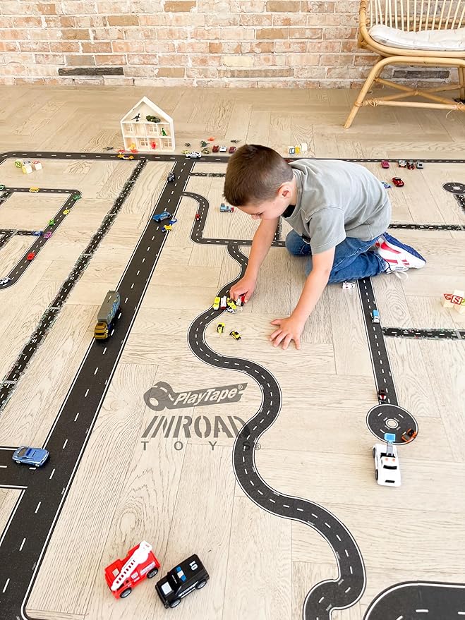 PlayTape Road Tape and Curves for Toy Cars - 1 Roll of 30 ft. x 2 in. Asphalt Road + 1 Roll of 36 Curves