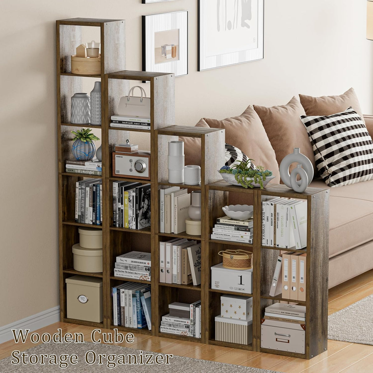 Tall Cube Storage Organizer Bookcase, 5 Tier 11 inch Open Back Cubical Shelf with Thickened Border, Display Bookshelf for Living Room, Home Office, Sturdy Room (Brown, 5 Cube,Vertical)