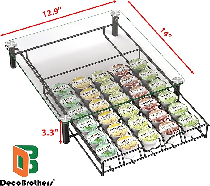 Deco Brothers Crystal Tempered Glass K-Cup Holder Drawer for 30 Coffee Pods Storage, Black