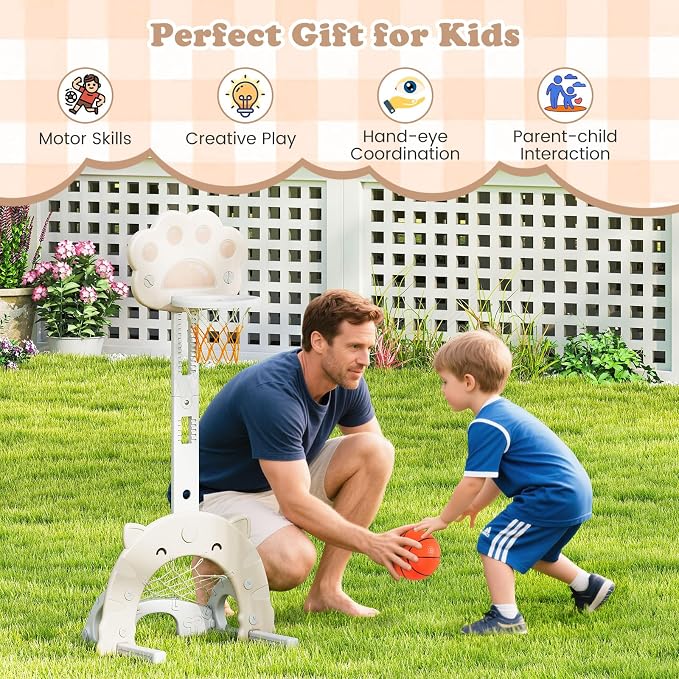 Costzon 3 in 1 Toddler Basketball Hoop, Height Adjustable Kids Sports Center w/Foldable Basketball, Soccer & Golf Game, Indoor Outdoor Activity Playset w/Foldable Rim, Gift for Children Baby Infant