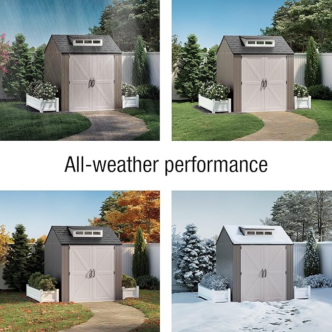 Rubbermaid Large Resin Outdoor Storage Shed With Floor (7 x 7 Ft.), Weather Resistant, Brown, Organization for Home/Lawn Mower/Backyard Equipment/Bike Storage/Pool Supplies