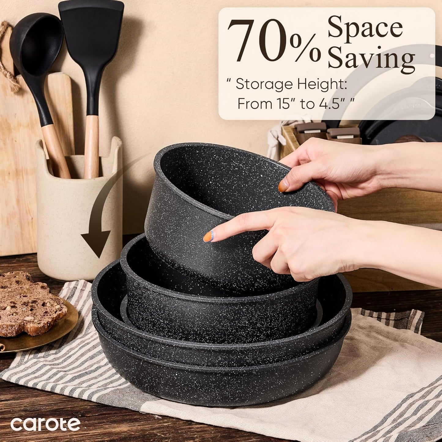 CAROTE 17pcs Pots and Pans Non Stick, Cookware Sets Detachable Handle, Induction Kitchen Pots and Pans,NonStick Cooking Set, Oven/Dishwasher/Fridge Safe, Space Saving