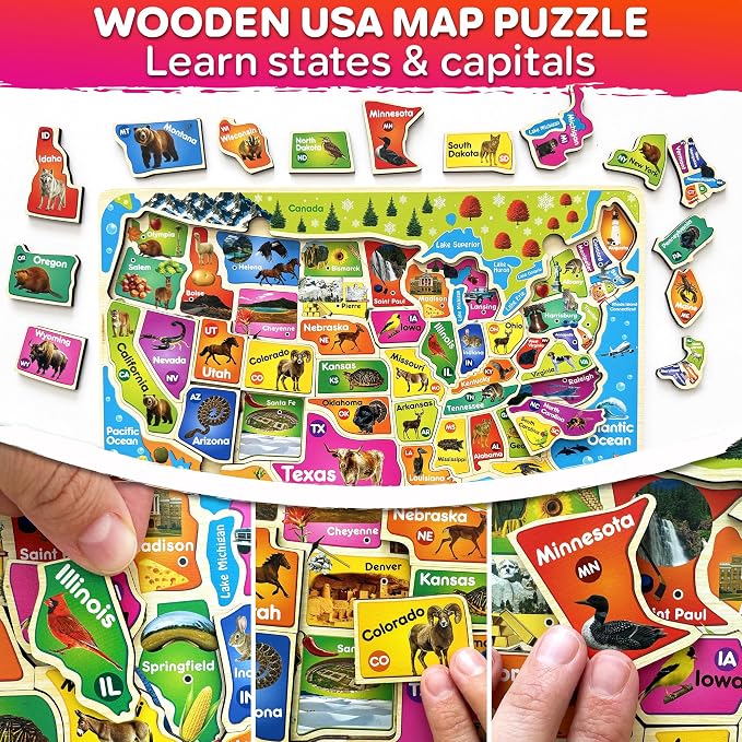 QUOKKA Wooden Puzzles for Kids Ages 4-6 - 2 Realistic USA and World Map Puzzles for Kids Ages 3-5 - Montessori Wood Educational Toys for Toddlers 2-4 Years Old - Geography Learning Games for 6-8 yo