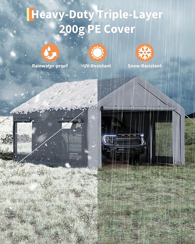 GarveeLife 10x20 ft Portable Garage, Car Port with 200 g PE Tarp Cover, with Front & Rear Roll-Up Doors and 4 Windows, for Temporary Paint Booth, Boats&Pickups Shed, and Event Shelter, Gray