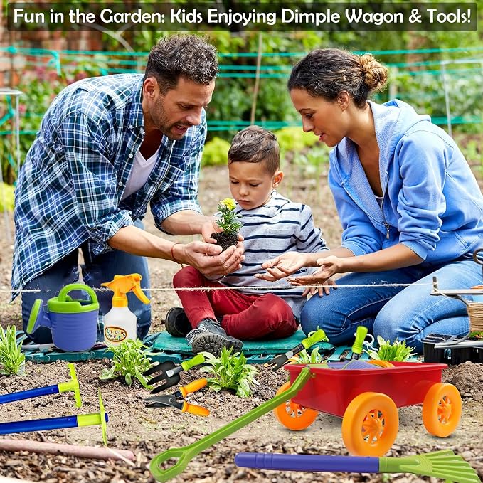 Dimple Garden Wagon & Tools Toy Set Premium 15 Pcs Kids Gardening Tools & Wagon Toy Set - Sturdy & Durable - Top Yd, Beach, Sand, Garden Play Set - Great for Kids & Toddlers