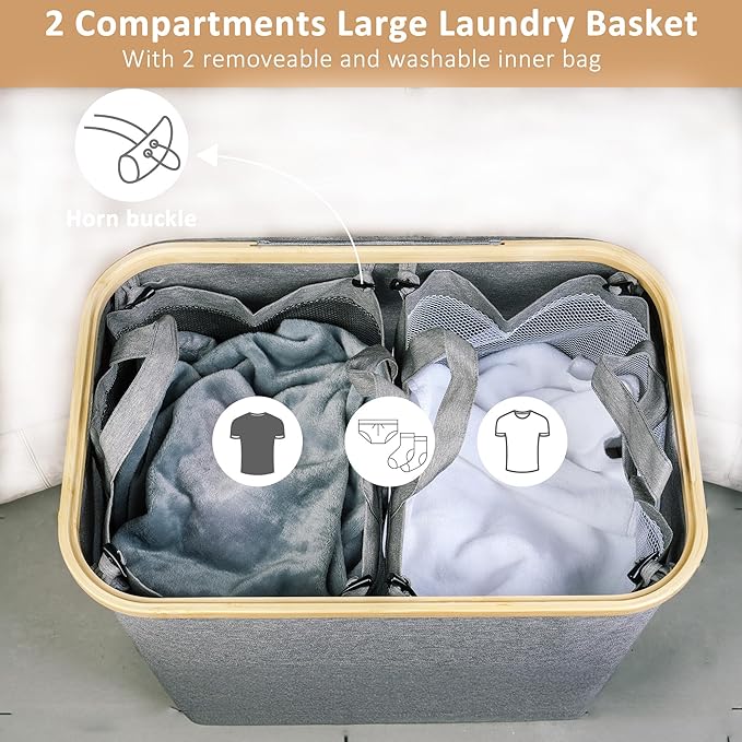 150L Laundry Hamper with Lid-Large Laundry Basket with Bamboo Handles, Grey Hampers for Laundry, Dirty Clothes Hamper with 2 Removable Inner Bags for Clothes Toys Towels