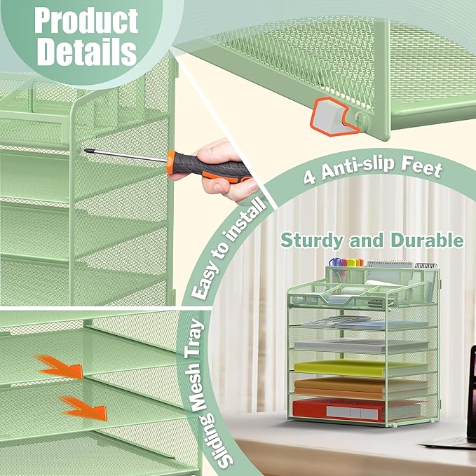 Docnest 6 Tier Mesh Desk Organizer for Paper Office Supplies – Multi-Functional Letter Tray with 5 Adjustable Compartments, 3 Pen Holders, Desktop Storage for Files, Mail, Stationery – Green