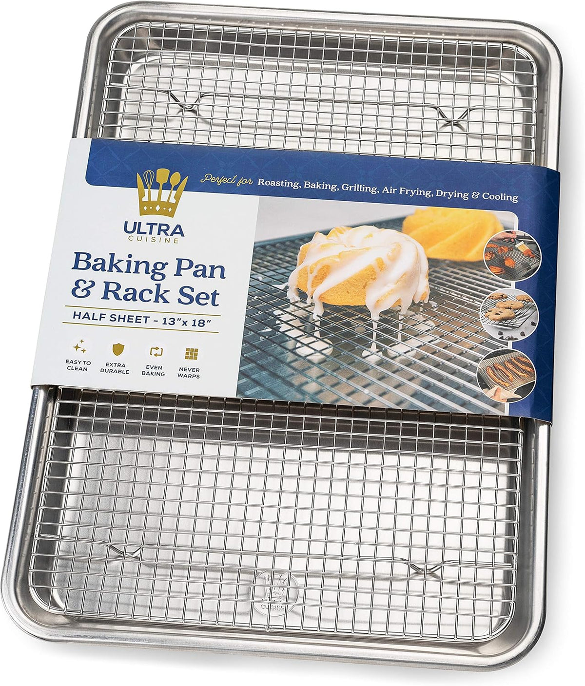 Ultra Cuisine Aluminum Baking Sheet with Stainless Steel Cooling Rack Set -Half Sheet Size Pan 13 x 18 inch, Durable Rimmed Sides, Easy Clean, Commercial Quality for Cooking and Roasting
