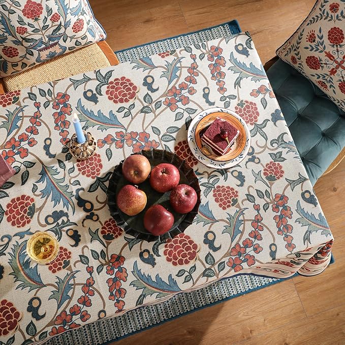 patdrea Designer Vintage Linen Long Tablecloth for Rectangle Table,French Soft Durable Floral Tablecloths,Colorful Table Cover for Kitchen Dining,Parties,Christmas,Thanksgiving,63"x102"-Puno