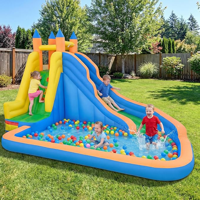 Costzon Inflatable Water Slide, Giant Bouncy Waterslide Park for Kids Backyard Outdoor Fun w/ 680w Blower, Climbing Wall, Splash Pool, 2-pcs, Blow up Water Slides Inflatables for Kids Party Gift