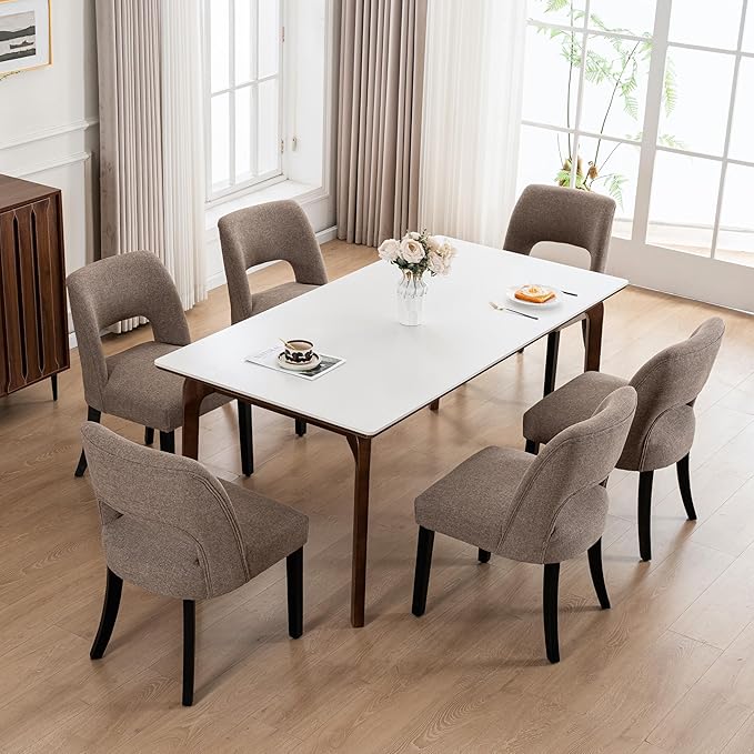VKNOW Wooden Dining Chairs Set of 6, Modern Fabric Upholstered Dining Room Chair Kitchen Chairs, Farmhouse Dinner Chair for Kitchen Dining Room, Brown-Black Legs