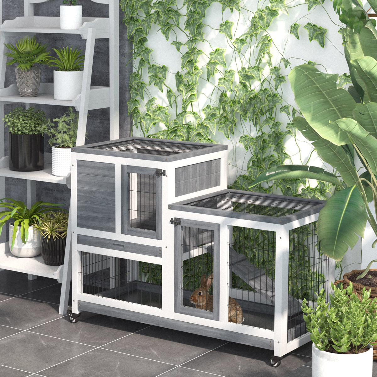 Wooden Rabbit Hutch Elevated Bunny Cage Indoor Small Animal Habitat with Enclosed Run with Wheels, Ramp, Gray