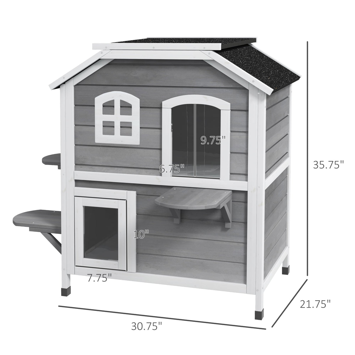  2-story Cat House Outdoor, Weatherproof Wooden Cat Enclosure for Feral Cats with Escape Door, Openable Roof, Jumping Platforms, Gray