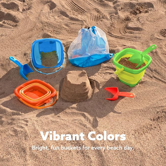 Sloosh 3-Pack Collapsible Sand Toys - Square Foldable Pail Silicone Beach Water Bucket with 3 Shovels for Sandbox Play, Party in Summer Portable Toddler Kids Toys Beach Travel (Orange/Blue/Green)