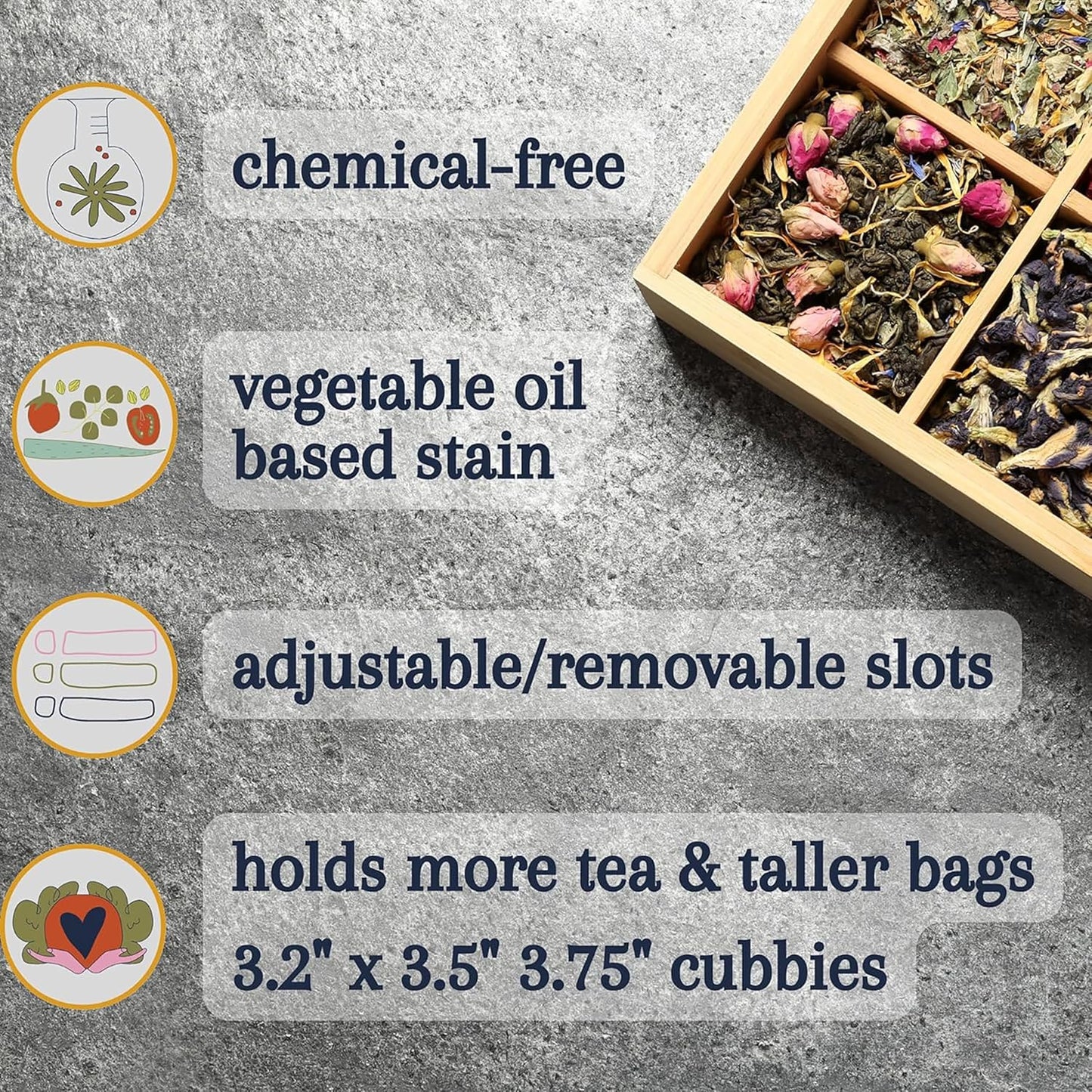 Bamboo Tea Organizer Box Chemical Free Eco-Friendly Big, Tall, Adjustable Cubbies Natural Wooden Storage Chest (Tea Time, 6-Slot 11" x 8.1" x 4.2")
