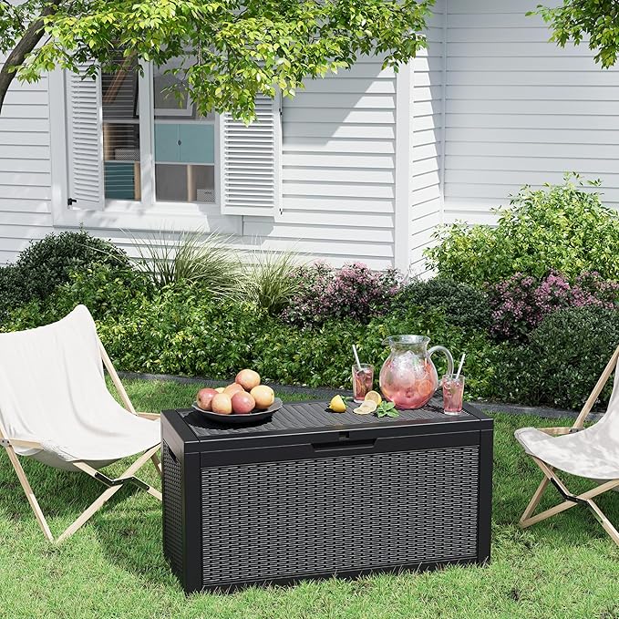 71 Gallon Outdoor Storage Box, Resin Deck Boxes Outdoor Waterproof For Patio Furniture, Garden Tools, Pool Supplies, Lockable And UV Resistant (Rattan Black)