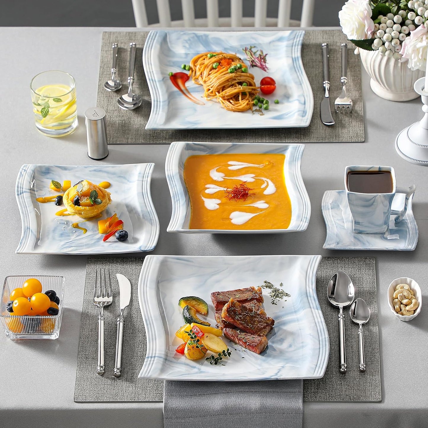 MALACASA Dinnerware Sets for 6, 30 Piece Porcelain Plates and Bowls Sets, Square Dish Set with Dinner Plate and Bowl, Cup and Saucer, Blue Dishes Dinnerware Set, Modern Dishware Sets, Series Flora