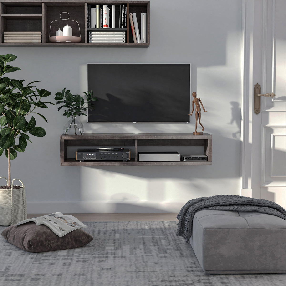 Wall Mounted TV Stand, Media Console Floating Storage Shelf for Living Room or Home Office, Dark Grey