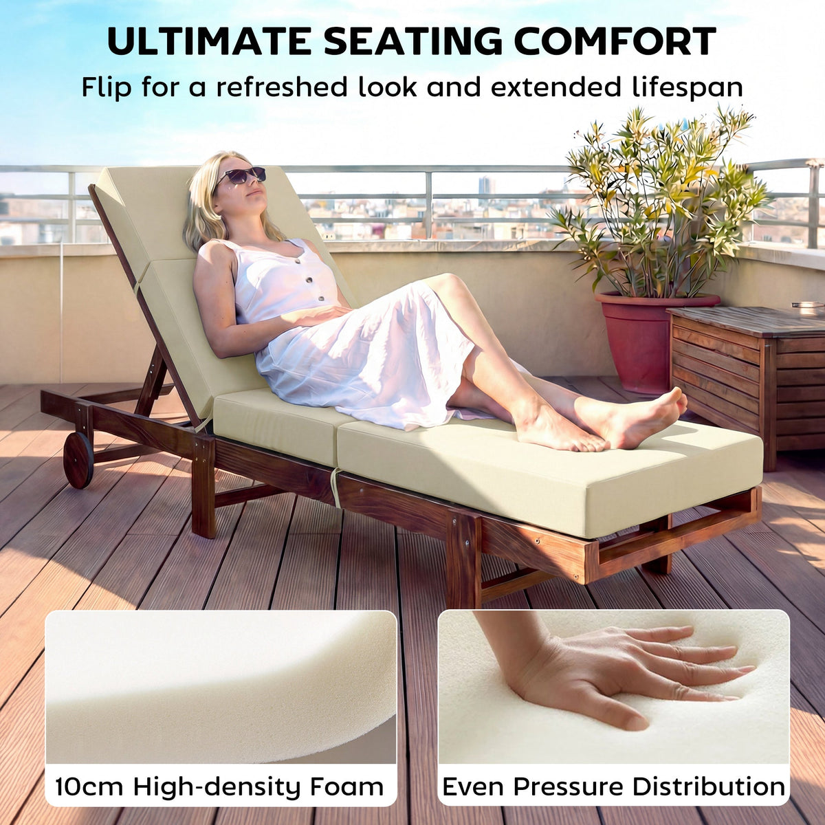 Set of 2 Chaise Lounge Cushion, 4" Thick Outdoor Lounge Chair Cushions with Ties for Patio, 21" x 72", Cream White