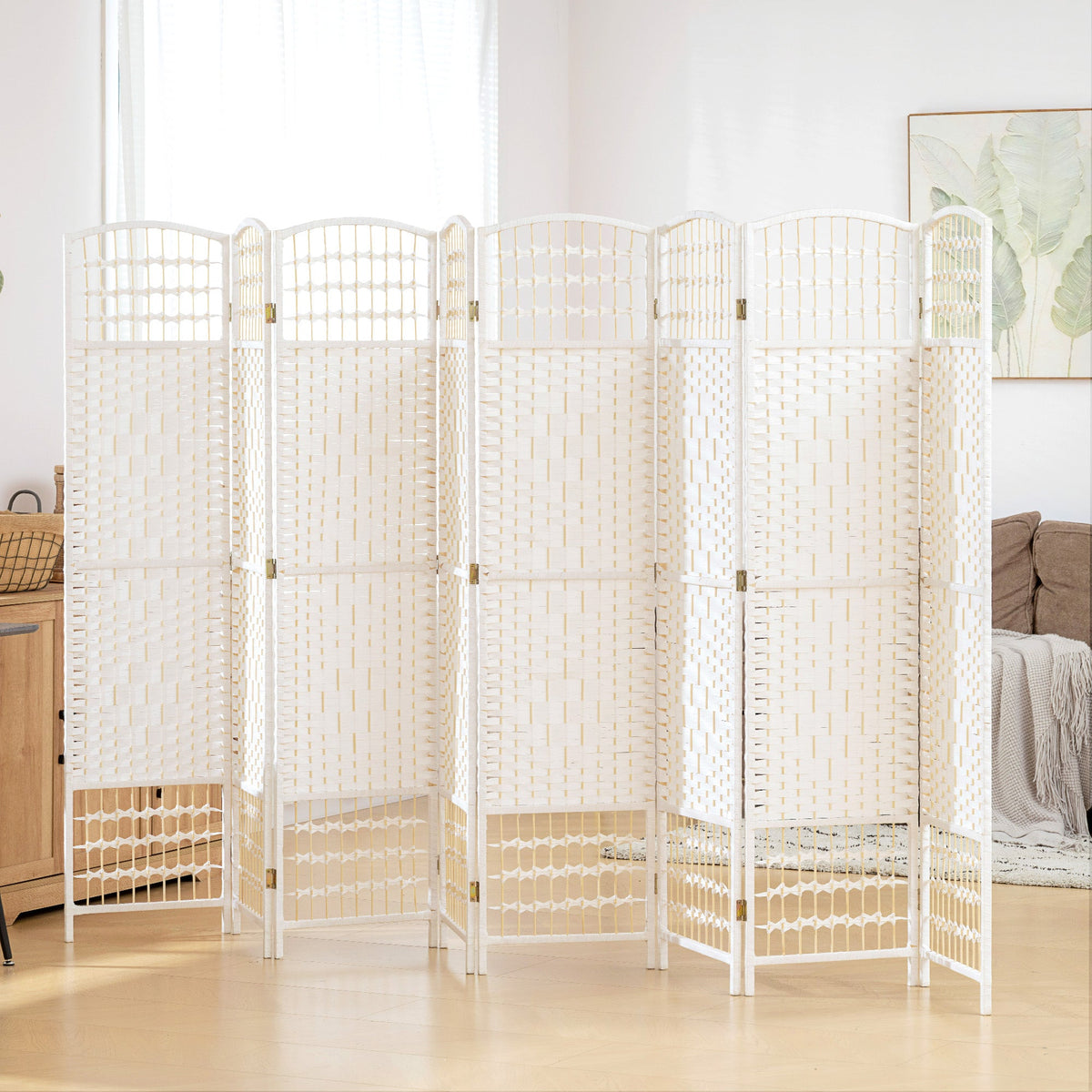 8 Panel Folding Room Divider Portable Privacy Screen Wave Fiber Room Partition for Home Office White