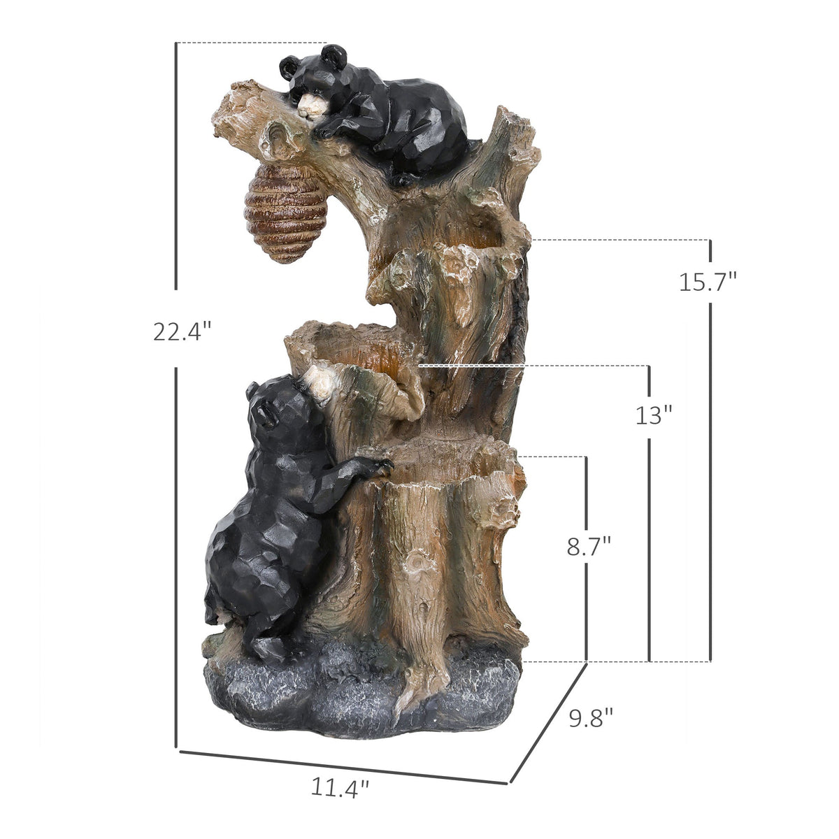 22.4" Outdoor Fountain, 3-Tier Resin Resin Bears and Honey Beehive Outdoor Waterfall Fountain with LED Lights, Pump