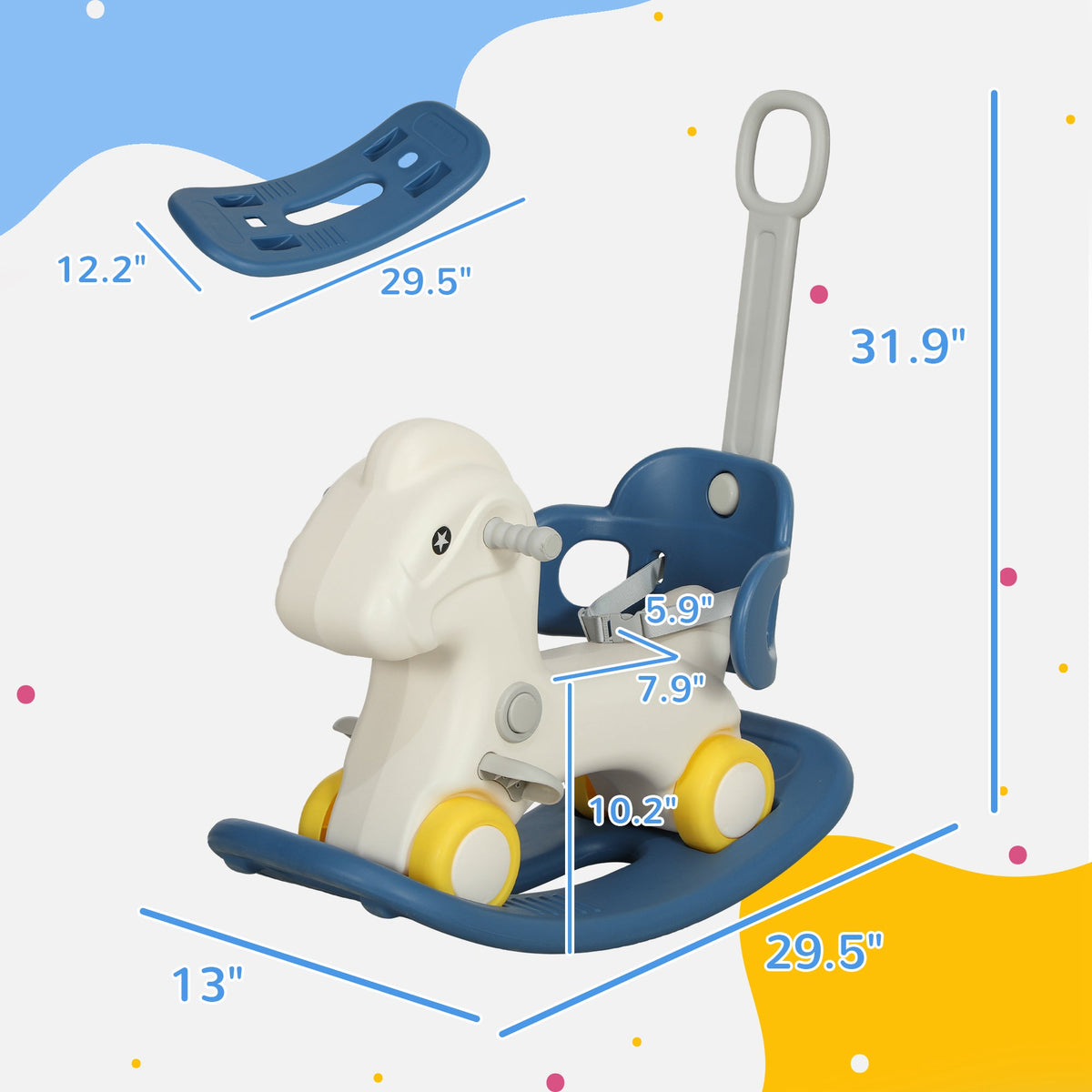 4 in 1 Rocking Horse for Toddles 1-3 Years with Detachable Push Handle & Balance Board, Blue