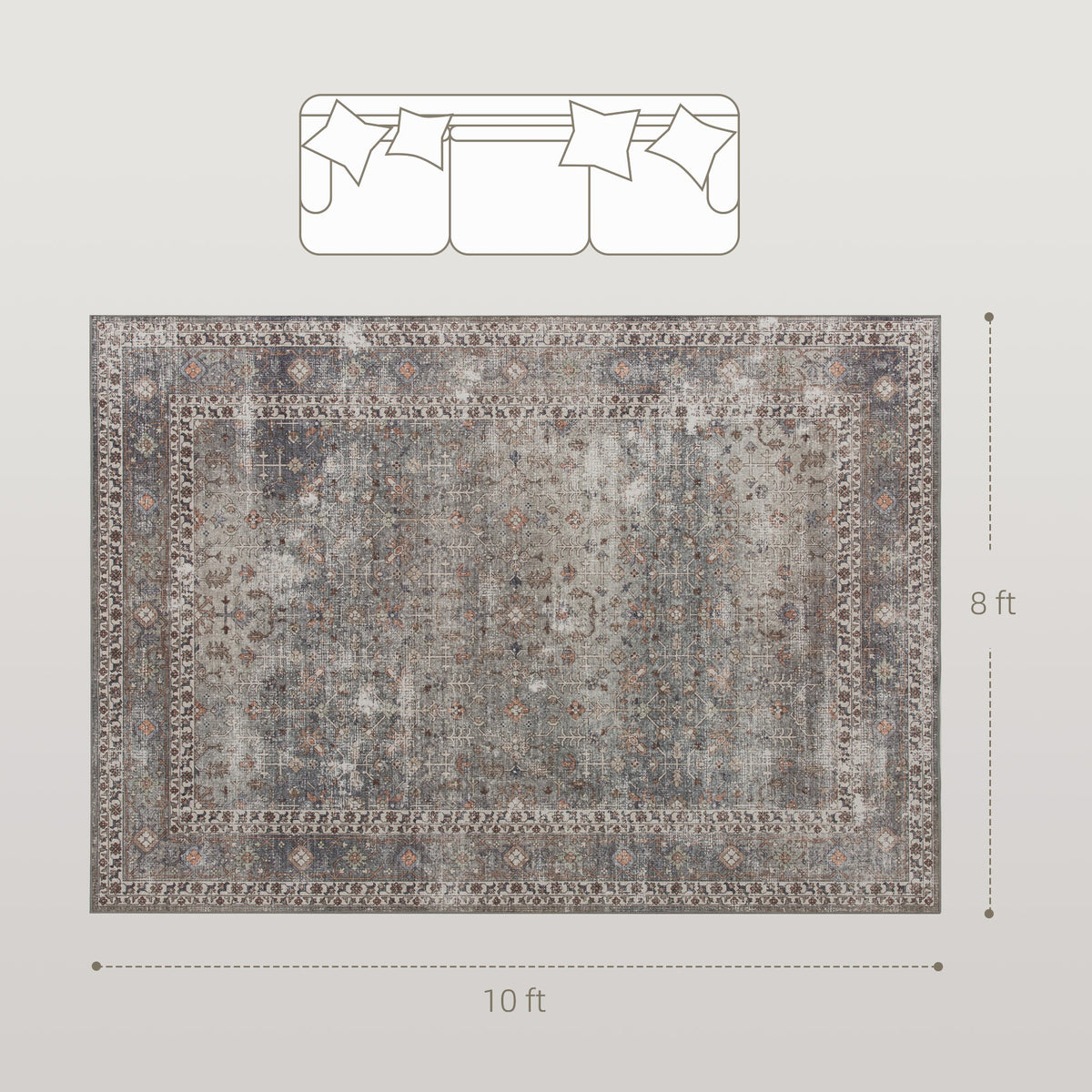 Machine Washable Area Rug 8x10, Non-Slip Traditional Floor Cover Foldable Carpet for Living Room, Dark Mixed-Brown