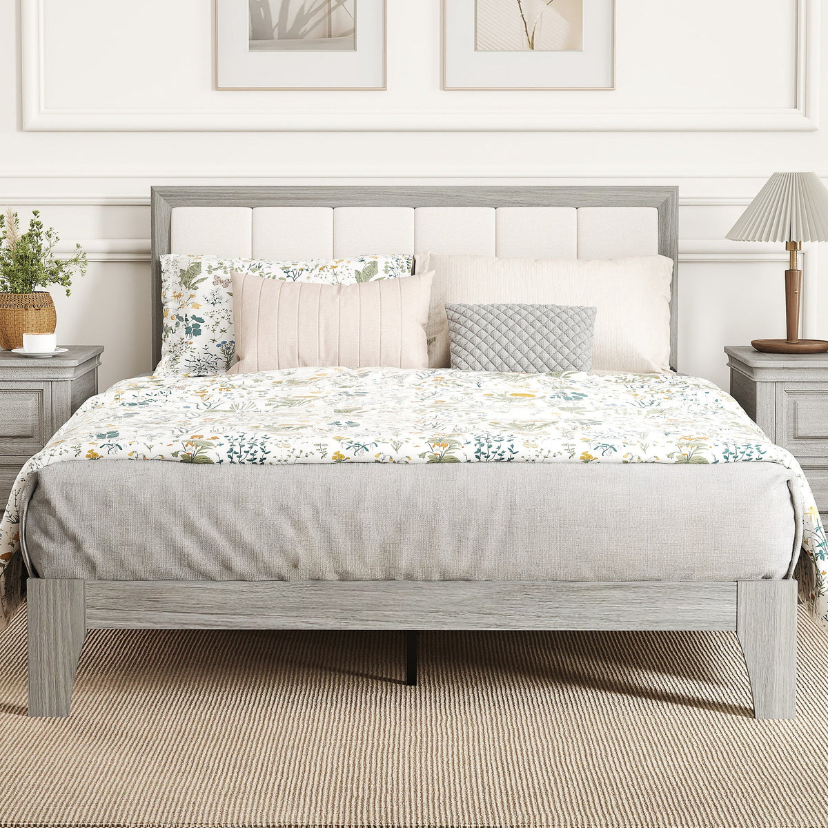 Full Bed Frame with Headboard Full Size Platform Bed Frame with Wooden Slats No Box Spring Needed Easy Assembly Gray
