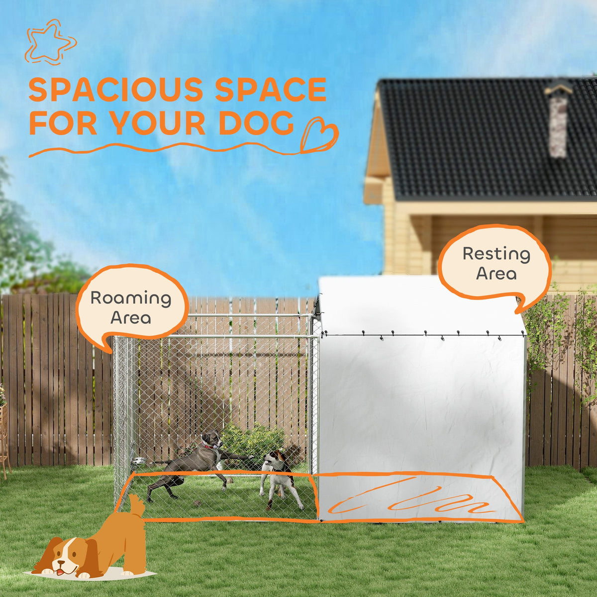 Galvanized Chain Link Large Outdoor Dog Kennel with Waterproof & UV-Resistant Cover, for M&L Dogs, 13.1' x 7.5' x 7.5'
